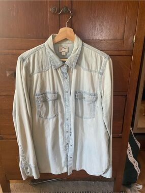 J.Crew Western Denim Shirt Light Wash Pearl Snap Button Up Women's Size 14